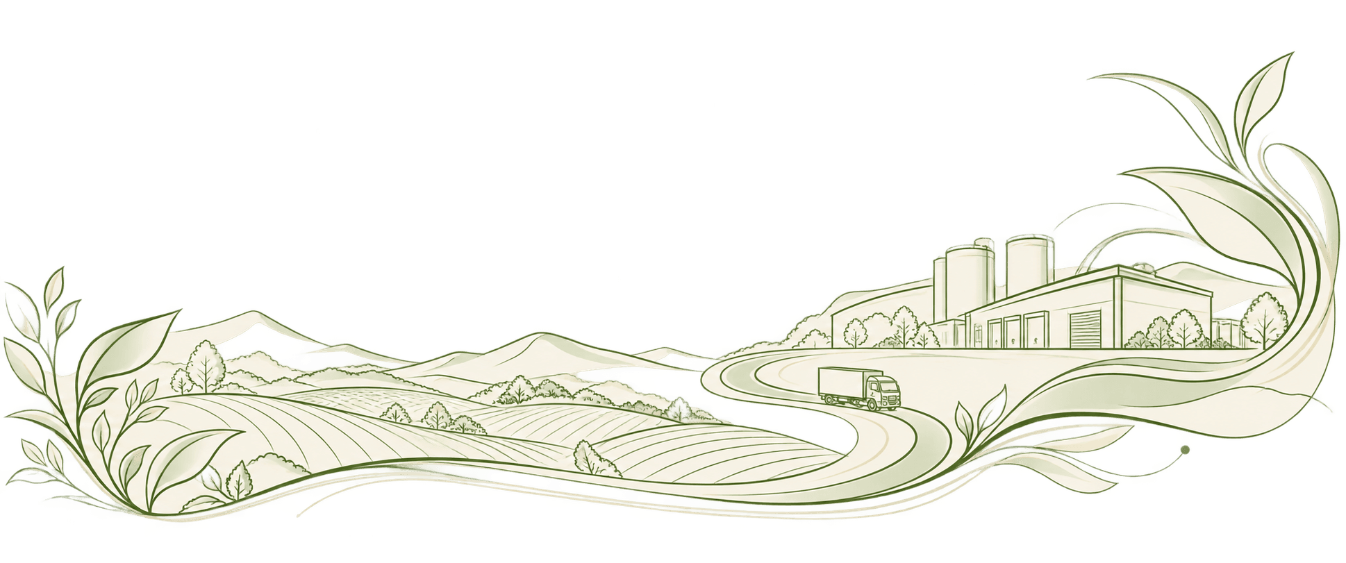 A line-art landscape connecting farms, Mellow Yard production and distribution